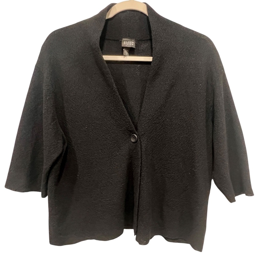Eileen Fisher Petite Black Knit Wool Cardigan Sweater P L Bolero Shrug - Picture 7 of 8